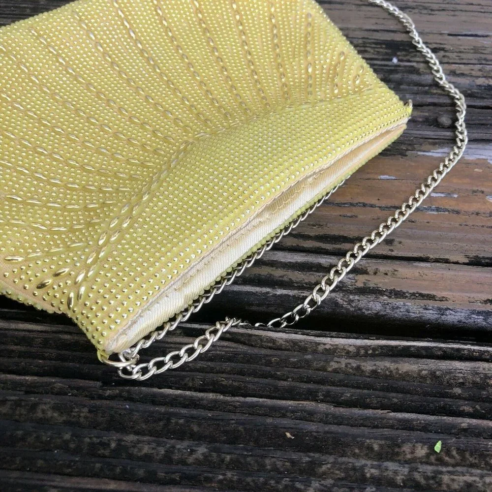 Yellow Gold Corde Art Deco Beaded Purse Evening Bag Vintage 50s 60s Hong Kong